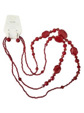 FASHION JEWELRY Red Beaded Necklace & Earring 3-Piece Set Lead-Free Nickel Free